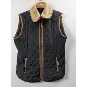 Cremieux Full Zip Black Brown Quilted Pocket Vest Detachable Shearling Collar L